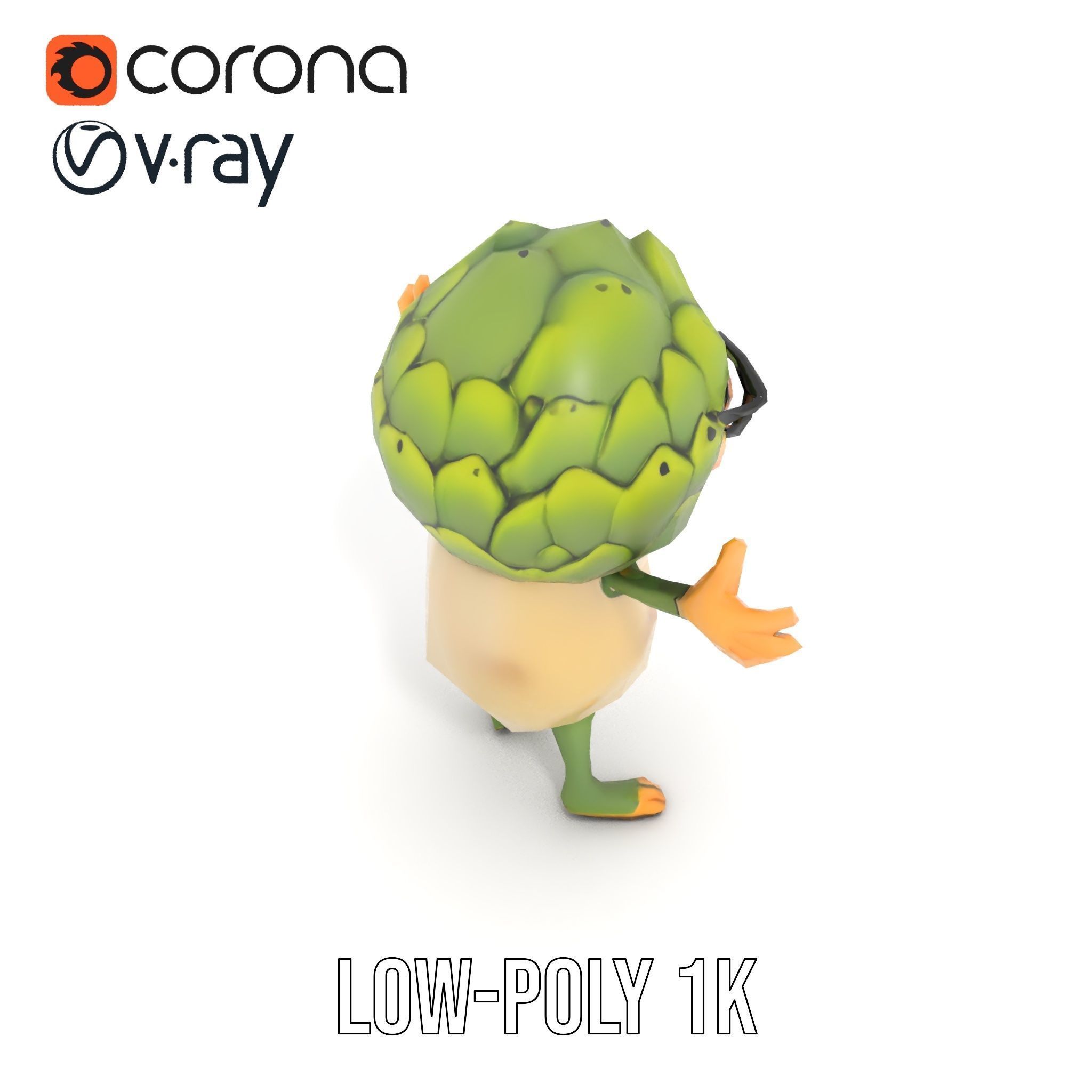 Artichoke Character Rigged and Animated with Glasses and Bowtie Low-poly 3D model_12