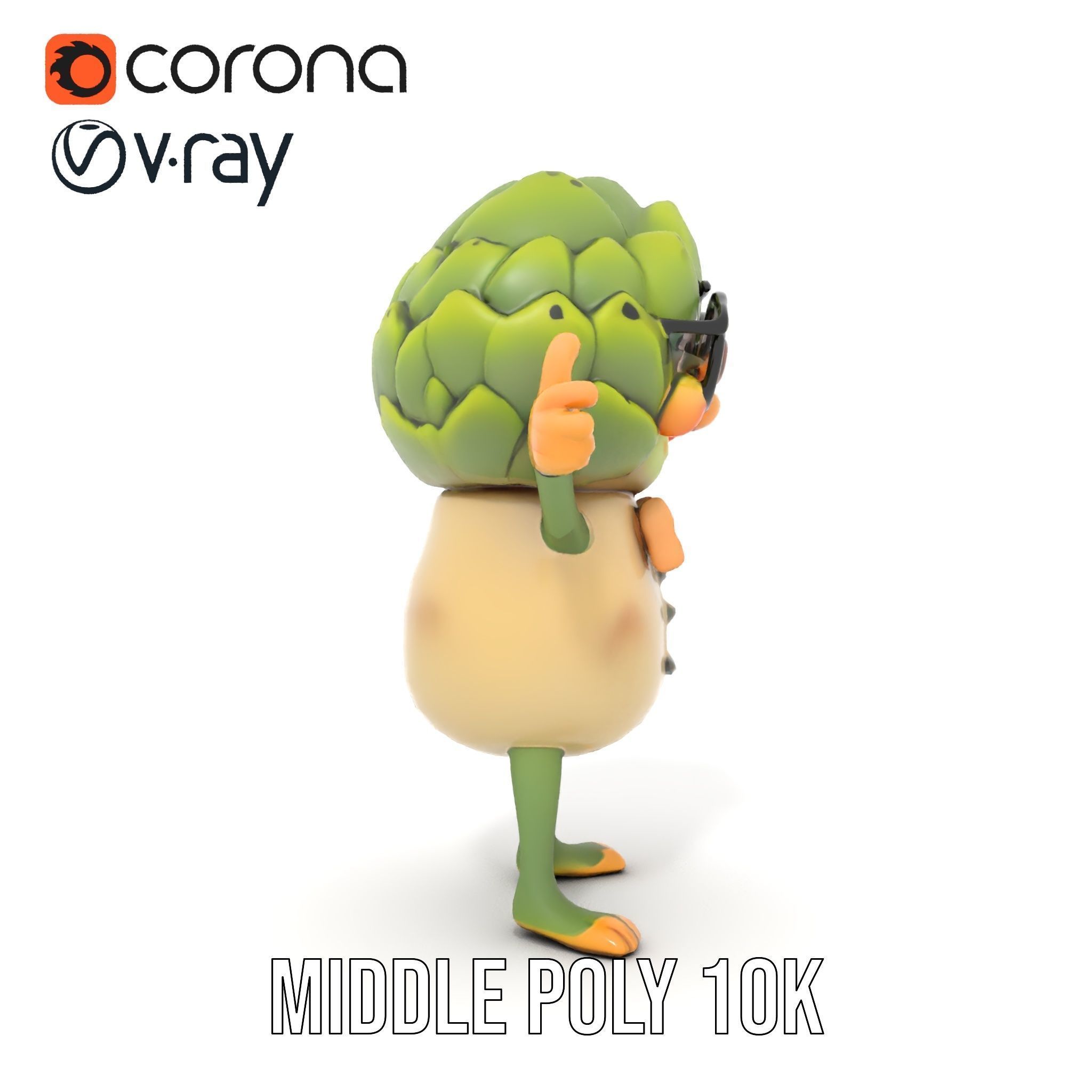 Artichoke Character Rigged and Animated with Glasses and Bowtie Low-poly 3D model_16