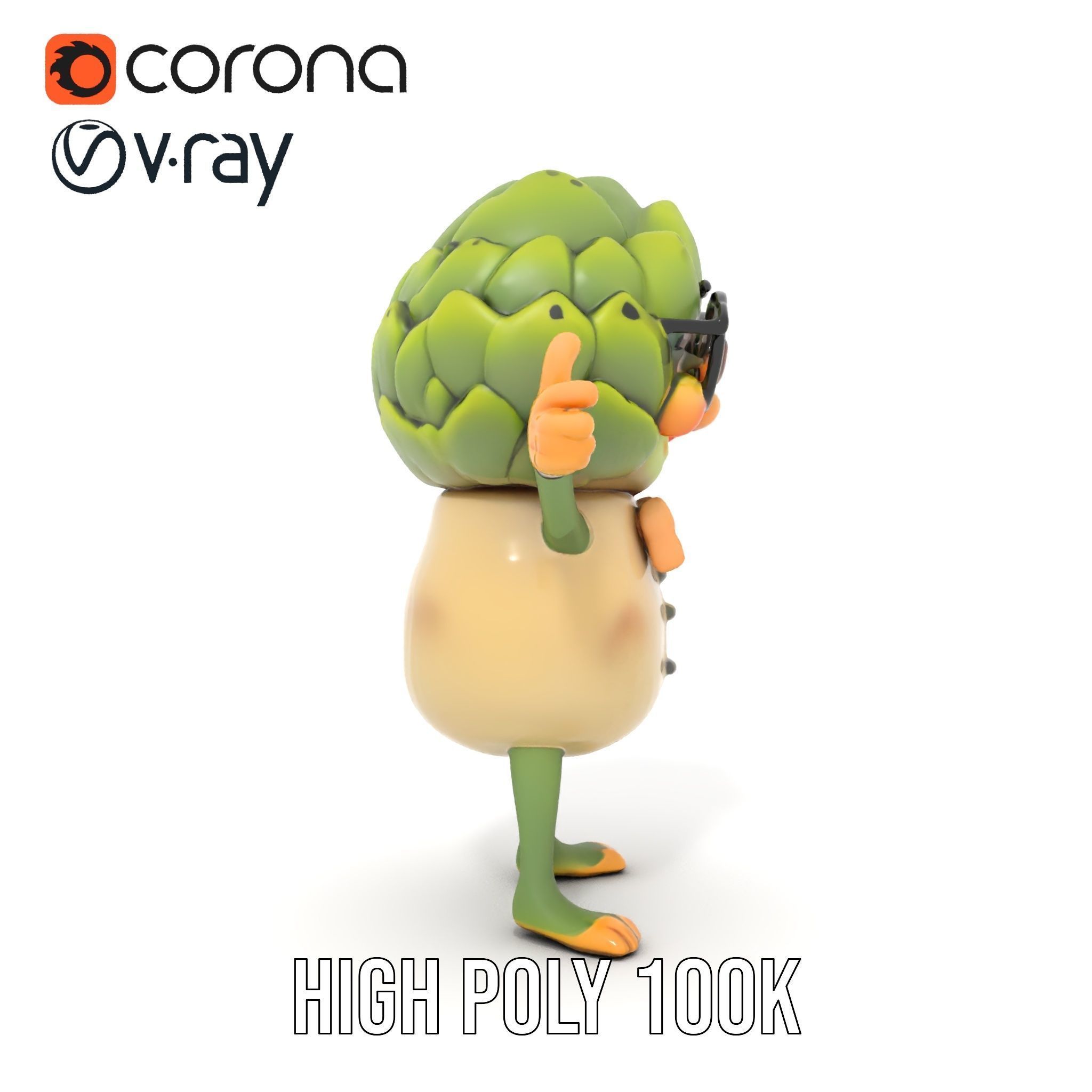 Artichoke Character Rigged and Animated with Glasses and Bowtie Low-poly 3D model_24