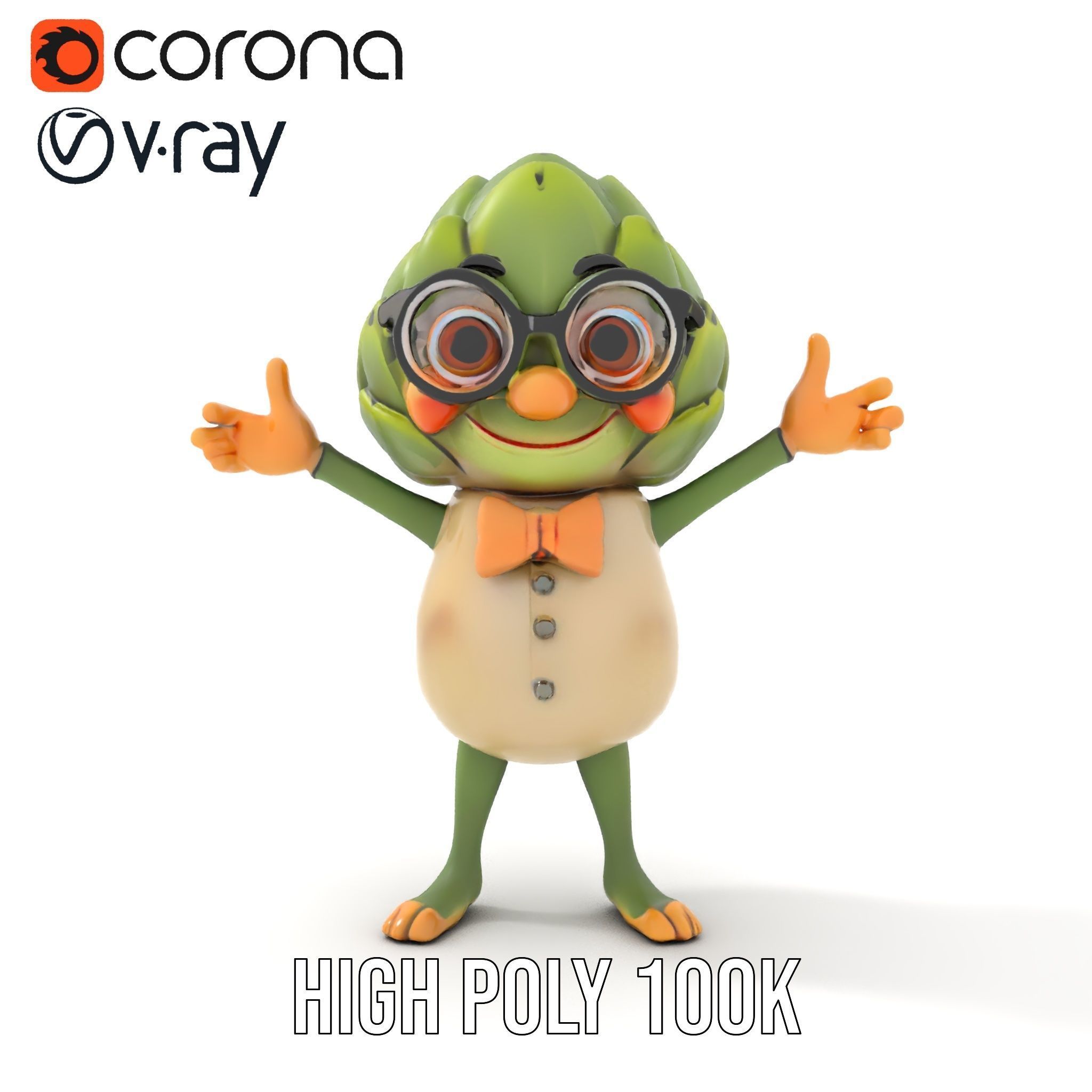 Artichoke Character Rigged and Animated with Glasses and Bowtie Low-poly 3D model_27