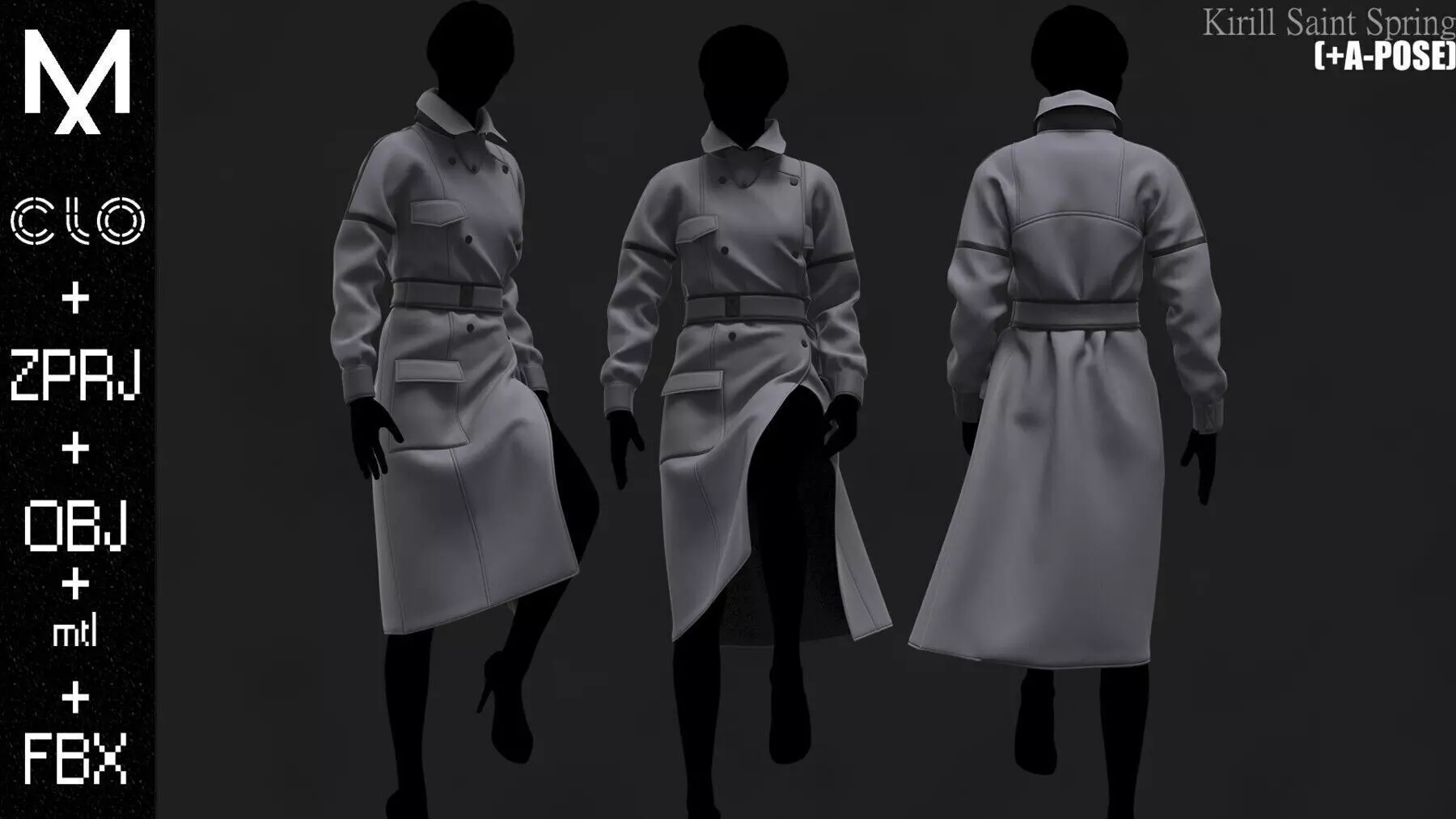 New Coat Female Marvelous designer Clo3d OBJ mtl FBX ZPRJ 3D model_0