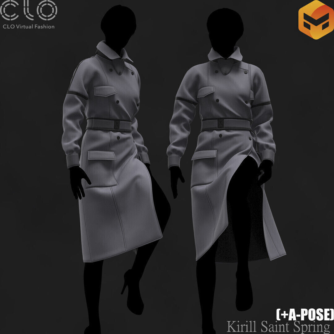New Coat Female Marvelous designer Clo3d OBJ mtl FBX ZPRJ 3D model_9