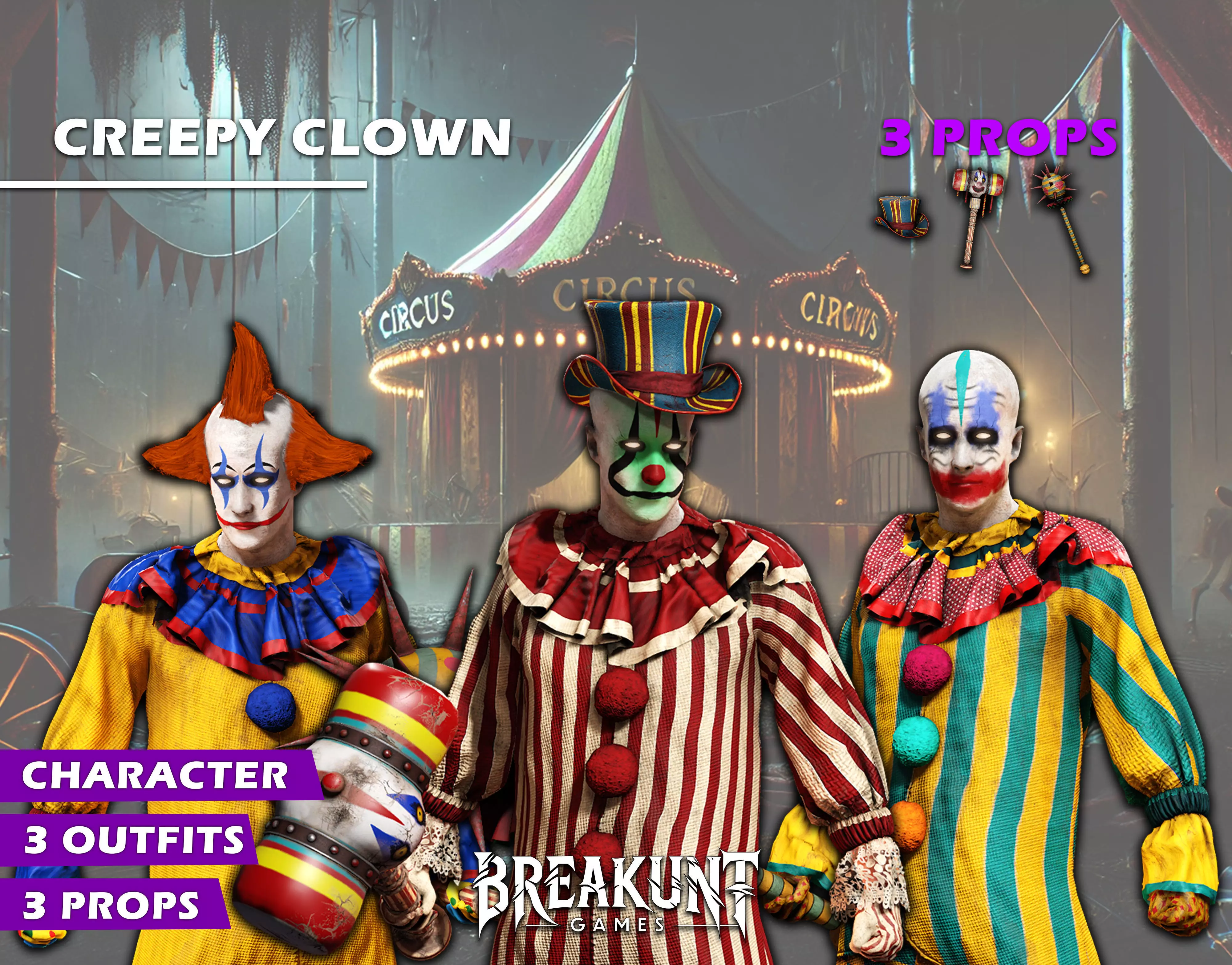 Creepy clown - 3 outfits and 3 assets 3D model_0
