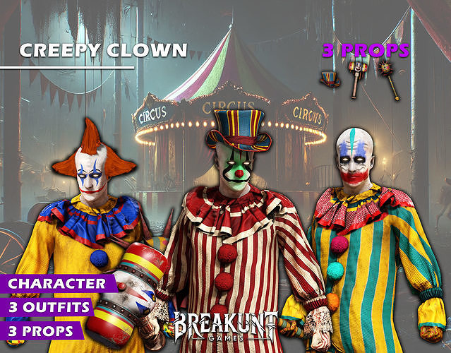Creepy clown - 3 outfits and 3 assets 3D model