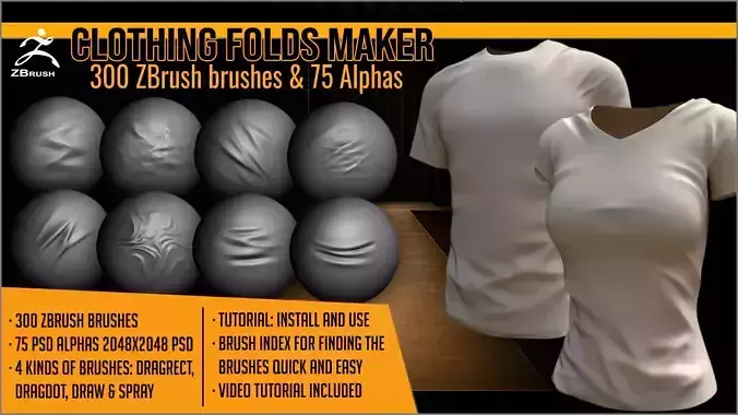 Clothing Folds Maker 300 ZBrush brushes and 75 alphas