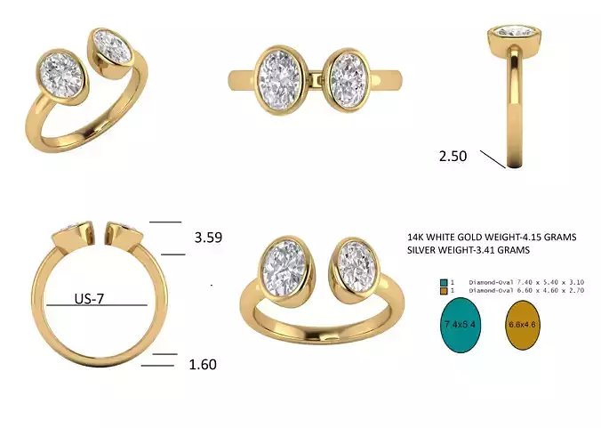 3DM Minimalist two stone wedding ring for women