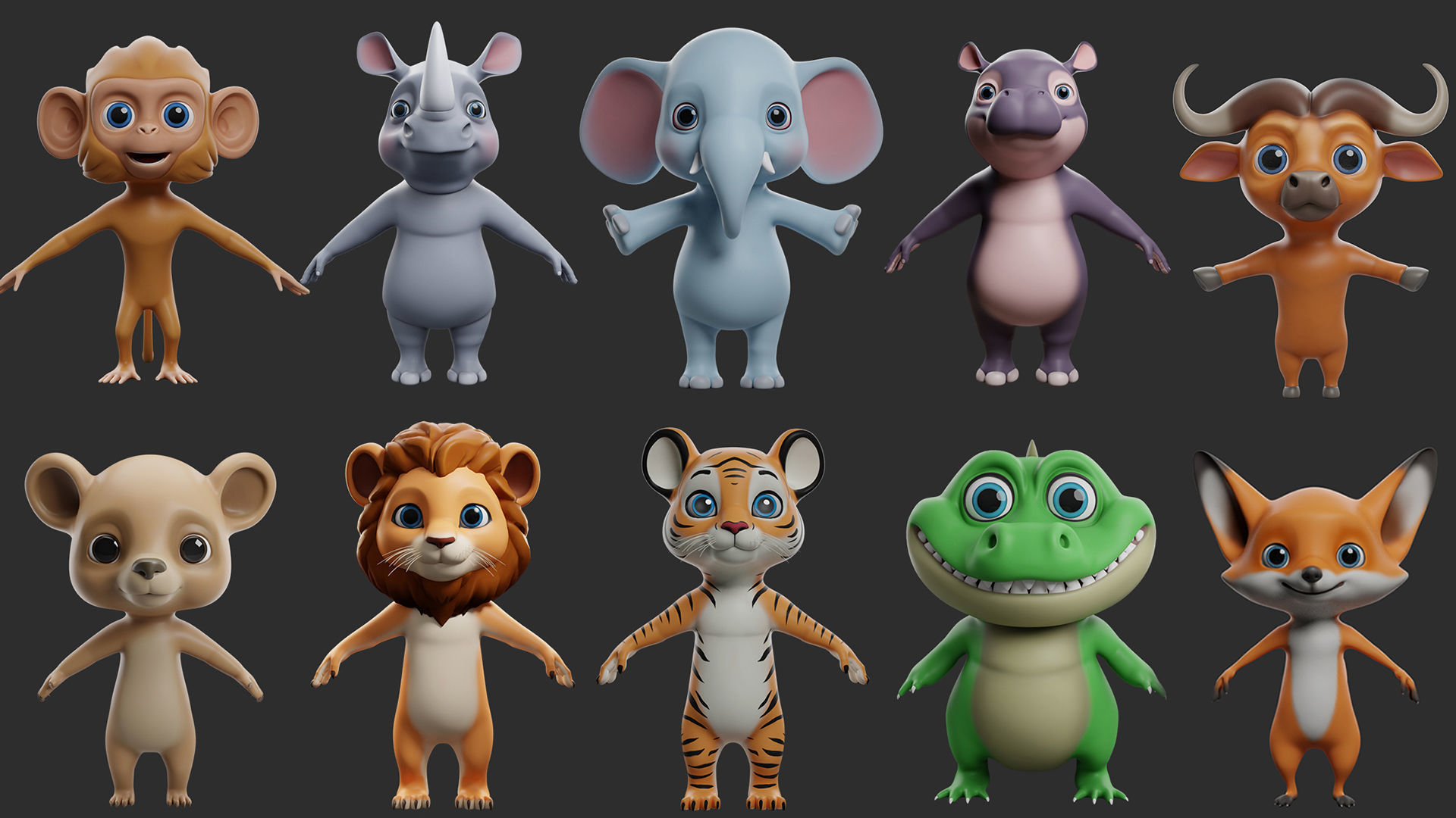 10 Wild Animals Cartoon 3D Model Collection_1