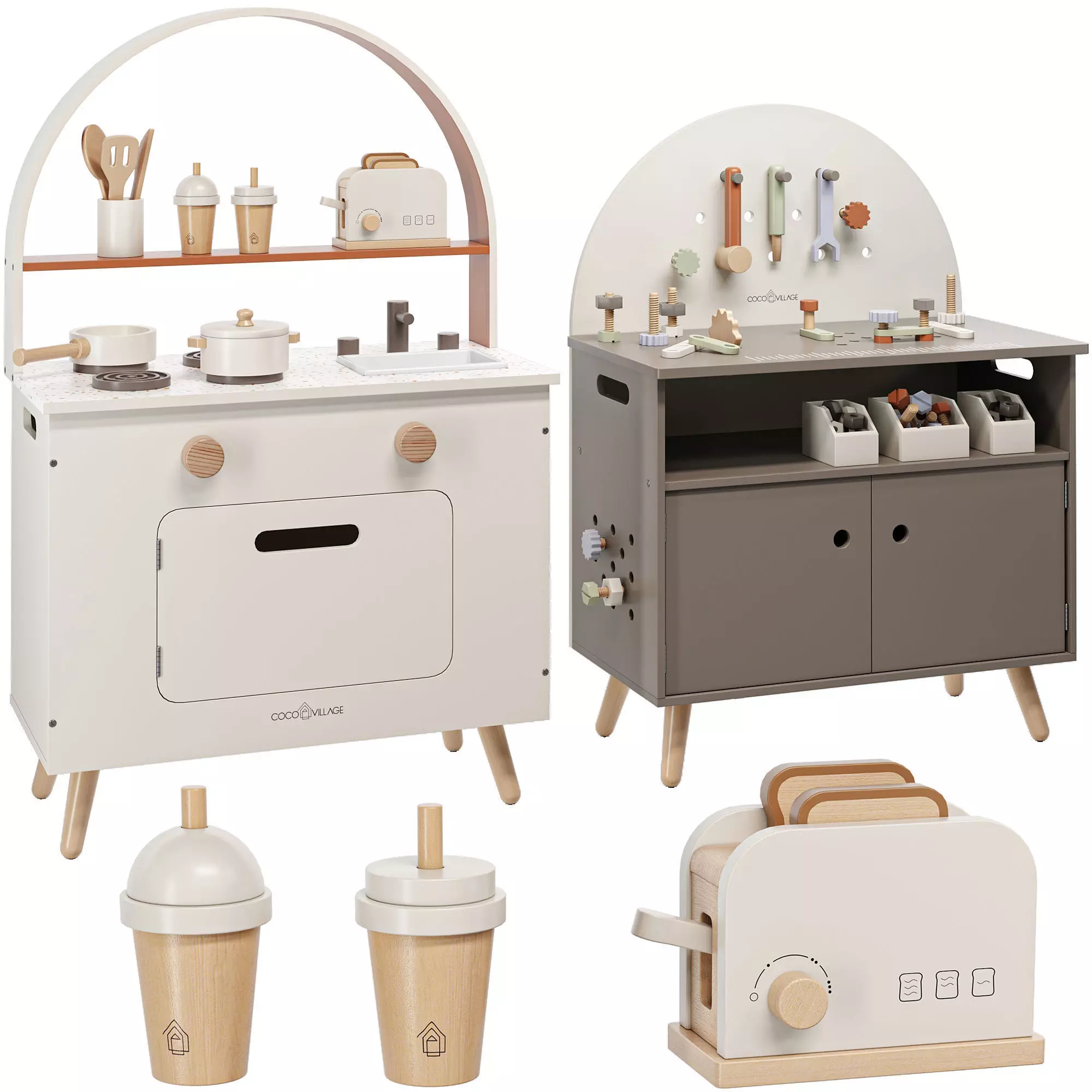 Coco Village Wooden Play Kitchen and Workbench Toys 3D model