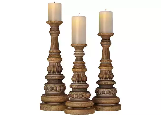 Rustic Wooden Carved Classic Distressed Candle Holders 3D model