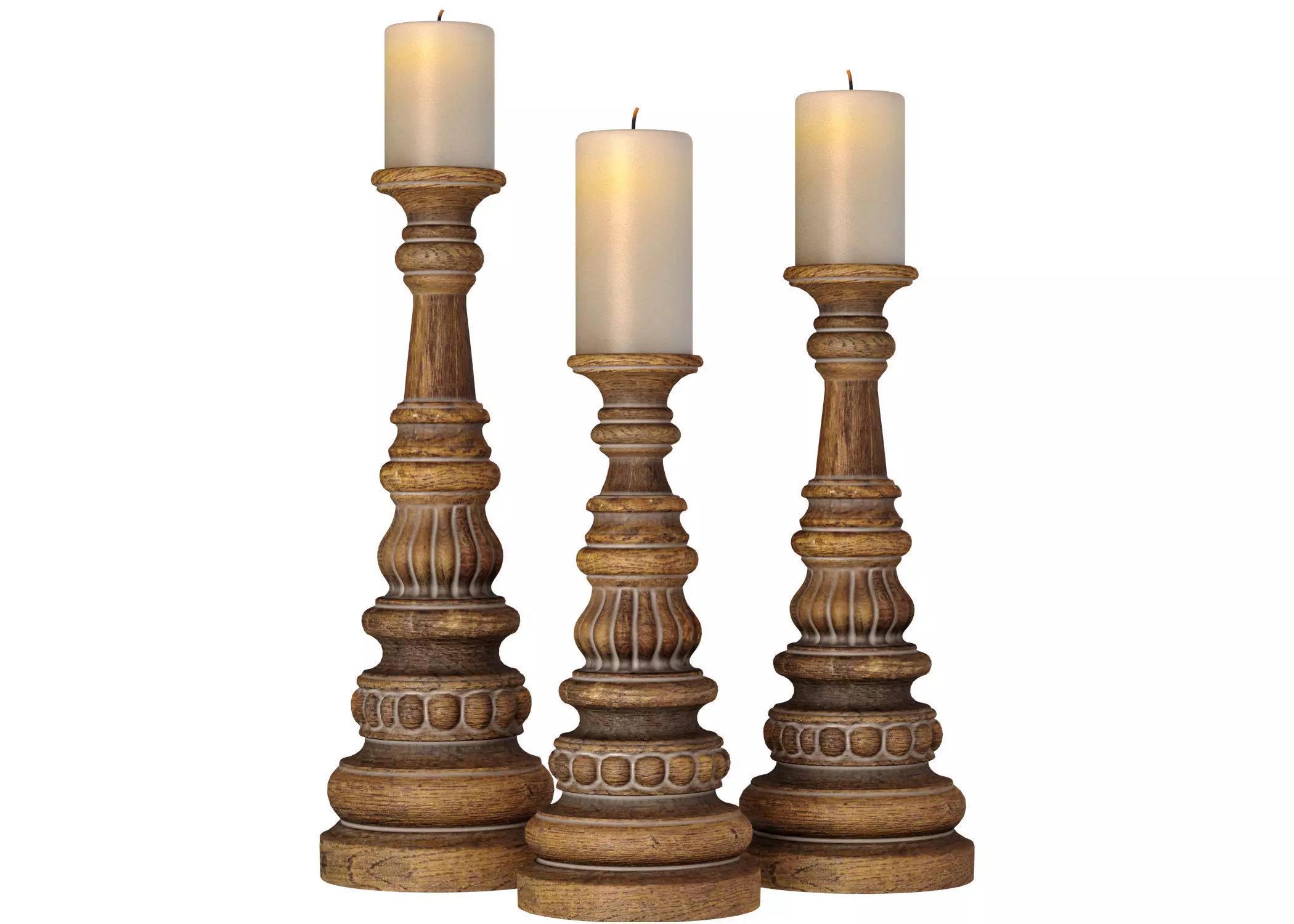 Rustic Wooden Carved Classic Distressed Candle Holders 3D model_0