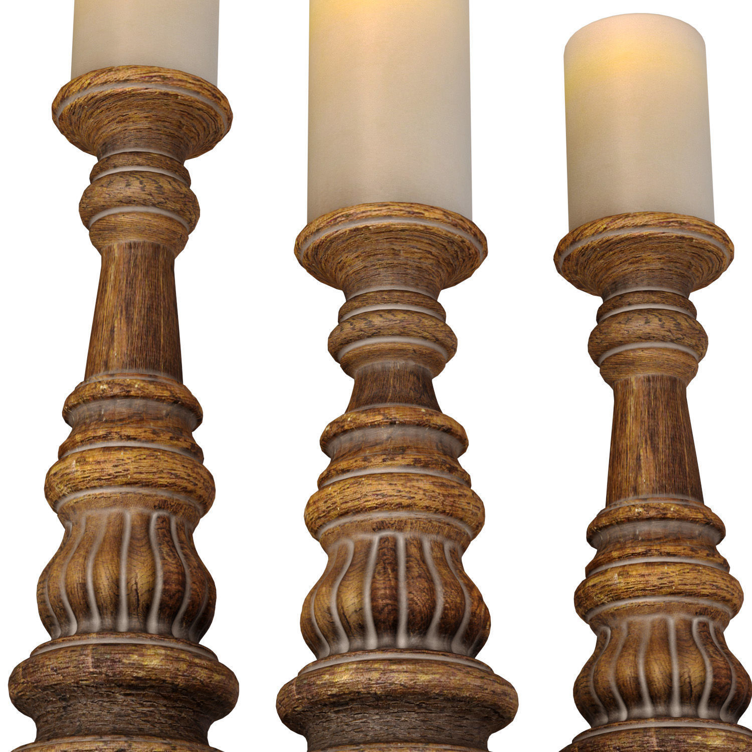 Rustic Wooden Carved Classic Distressed Candle Holders 3D model_2