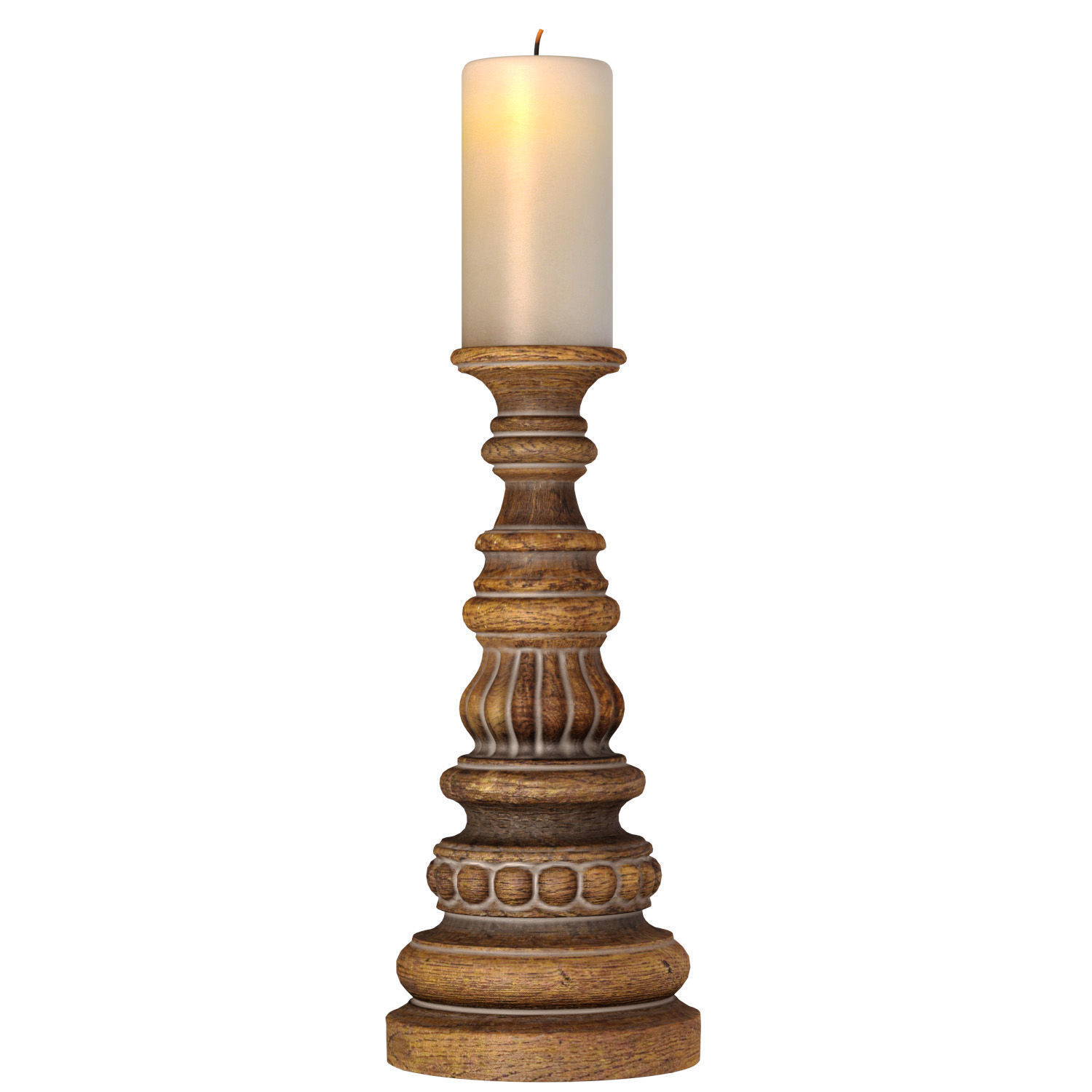 Rustic Wooden Carved Classic Distressed Candle Holders 3D model_4