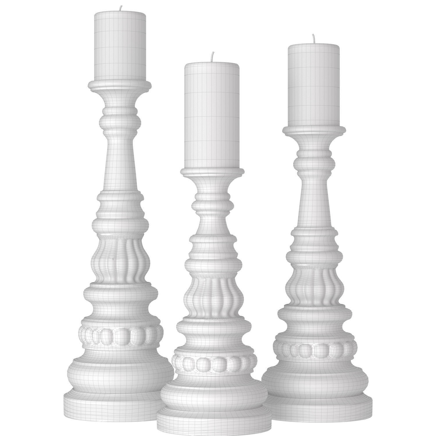 Rustic Wooden Carved Classic Distressed Candle Holders 3D model_5