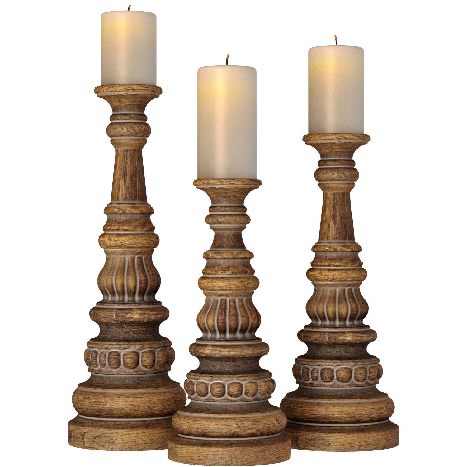 Rustic Wooden Carved Classic Distressed Candle Holders 3D model_1