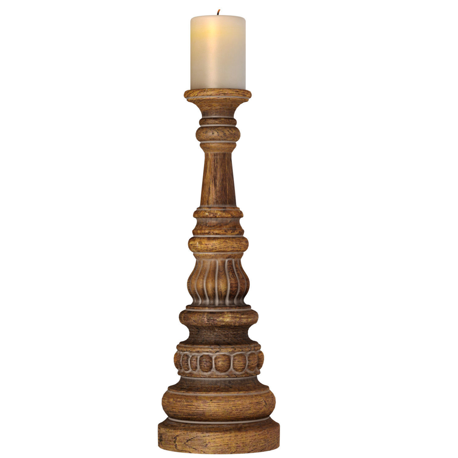 Rustic Wooden Carved Classic Distressed Candle Holders 3D model_3