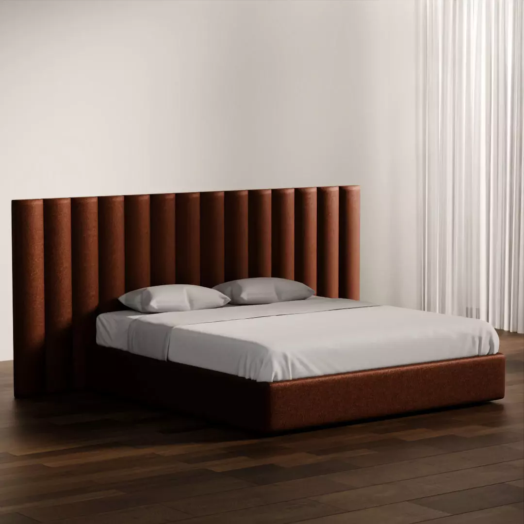 Modern Upholstered Bed with Vertical Headboard Low-poly 3D model_0