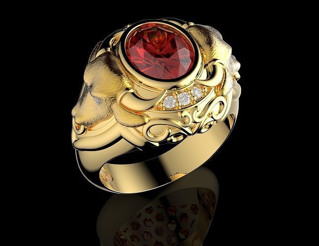 Bull Head Gold Ring with Red Gemstone 3D print model