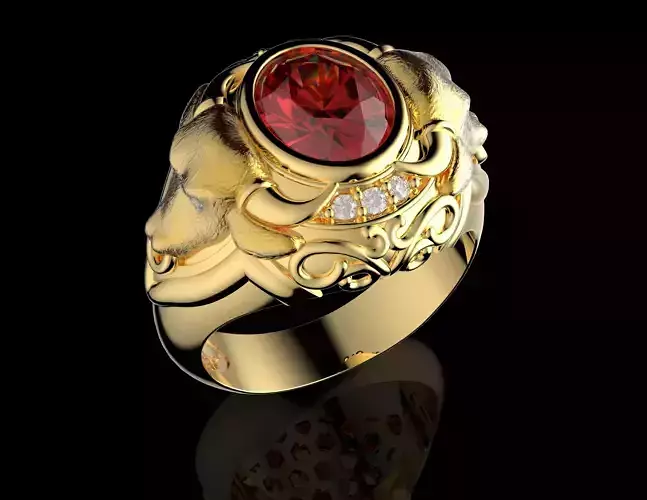 Bull Head Gold Ring with Red Gemstone 3D print model