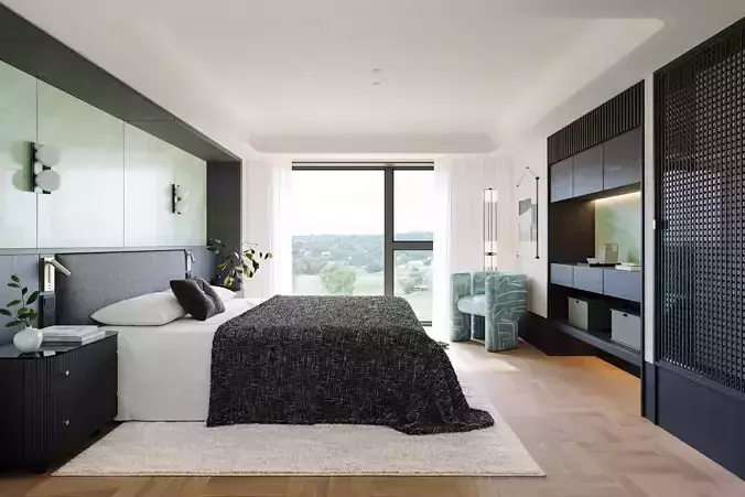 Modern Luxury Bedroom with Green Accent Wall 503 3D model