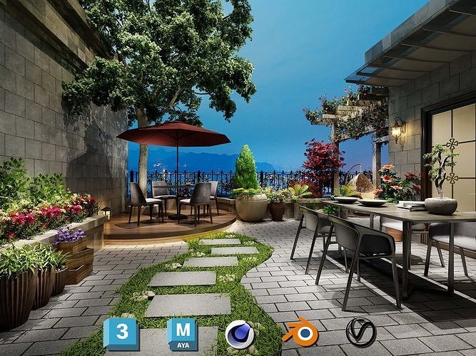 Photorealistic Balcony Garden Kit PBR Textures Modular 3D Models Low-poly 3D model 2
