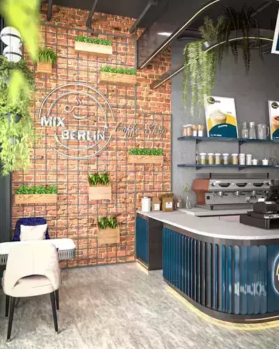 Modern Coffee Shop Interior and Exterior 3D Scene