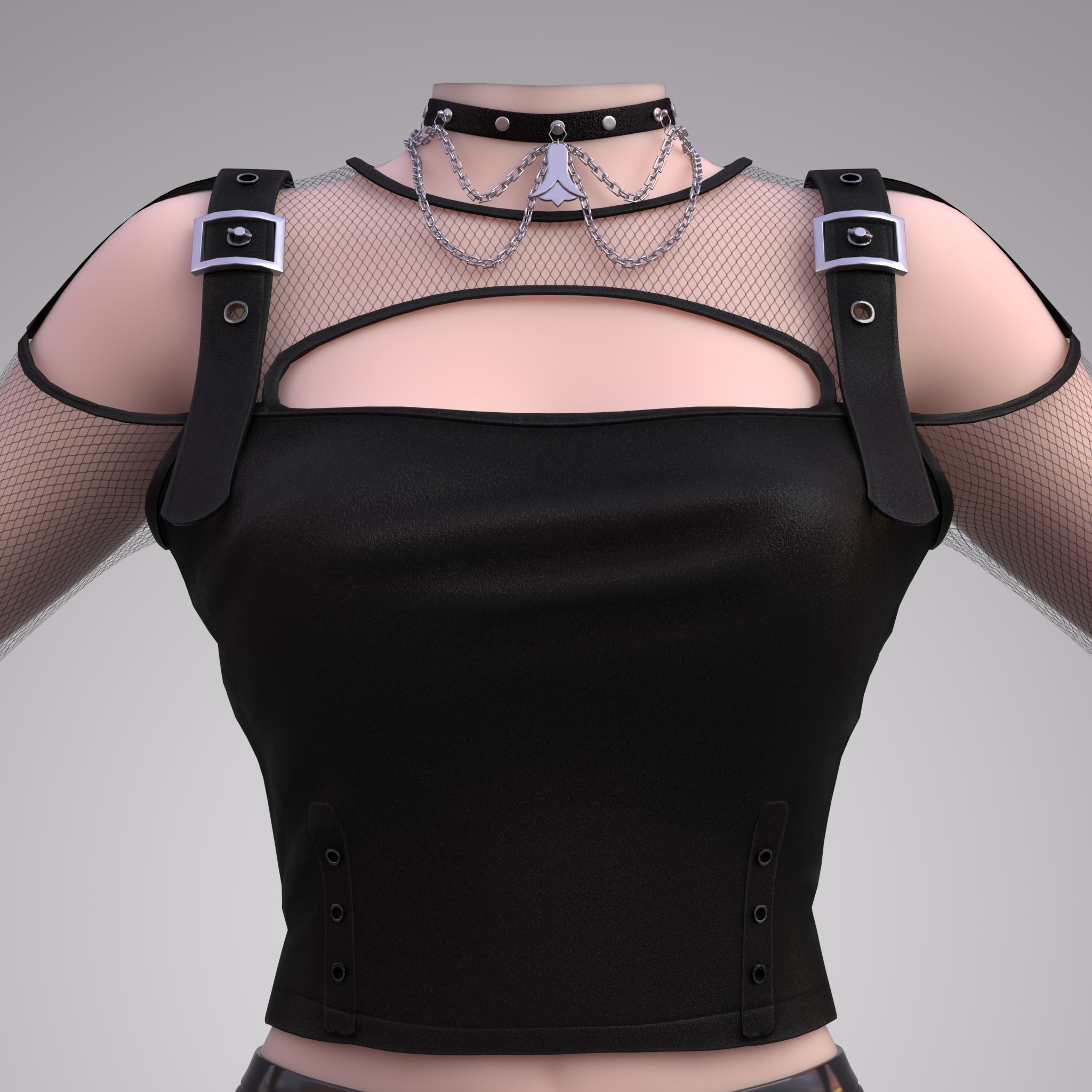 Gothic Punk Leather Outfit for Female Character 3D model_4