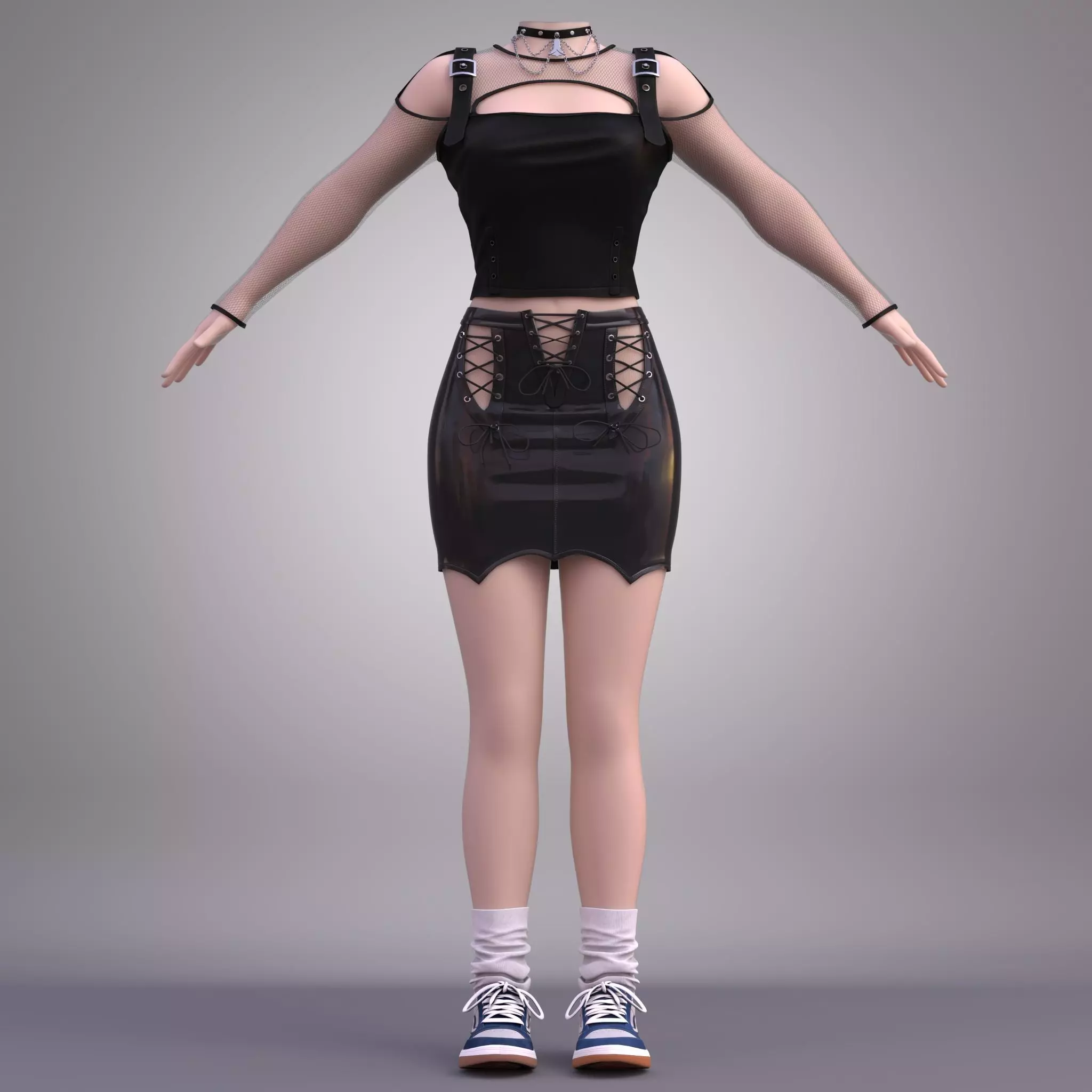 Gothic Punk Leather Outfit for Female Character 3D model_0