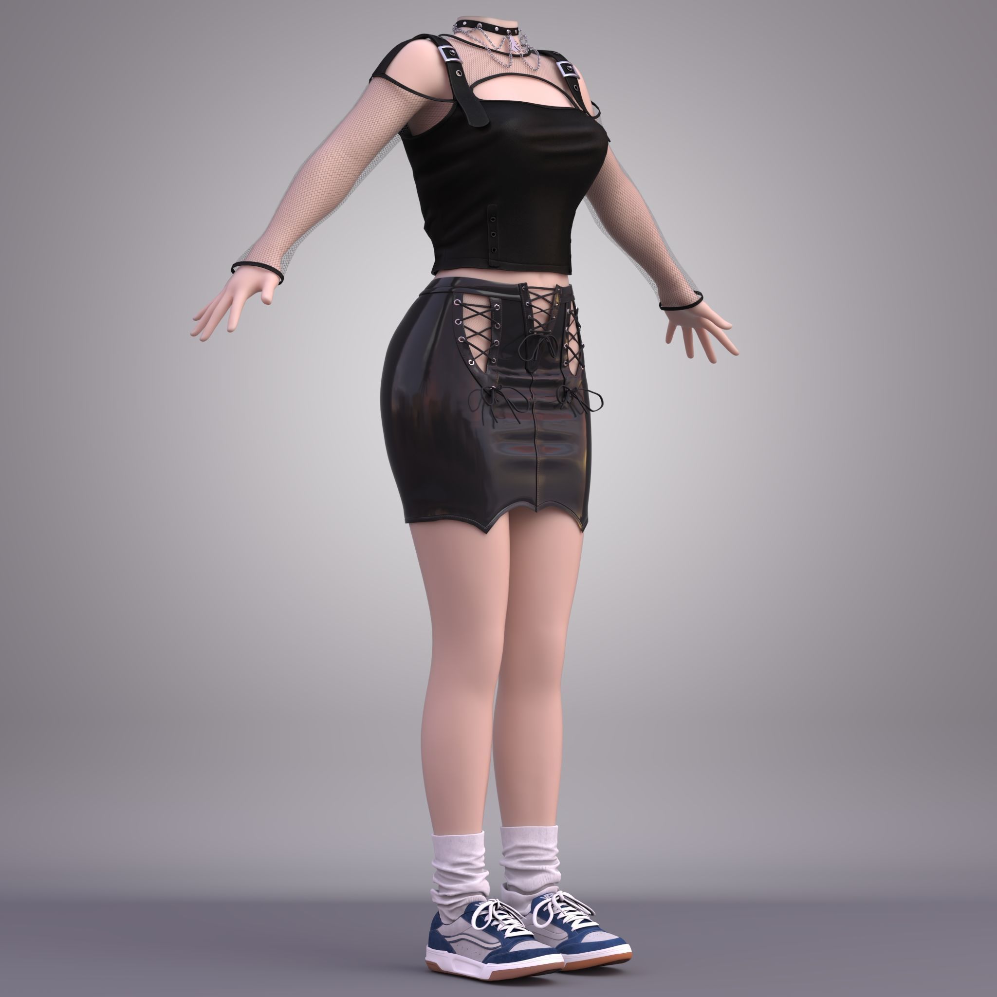 Gothic Punk Leather Outfit for Female Character 3D model_1