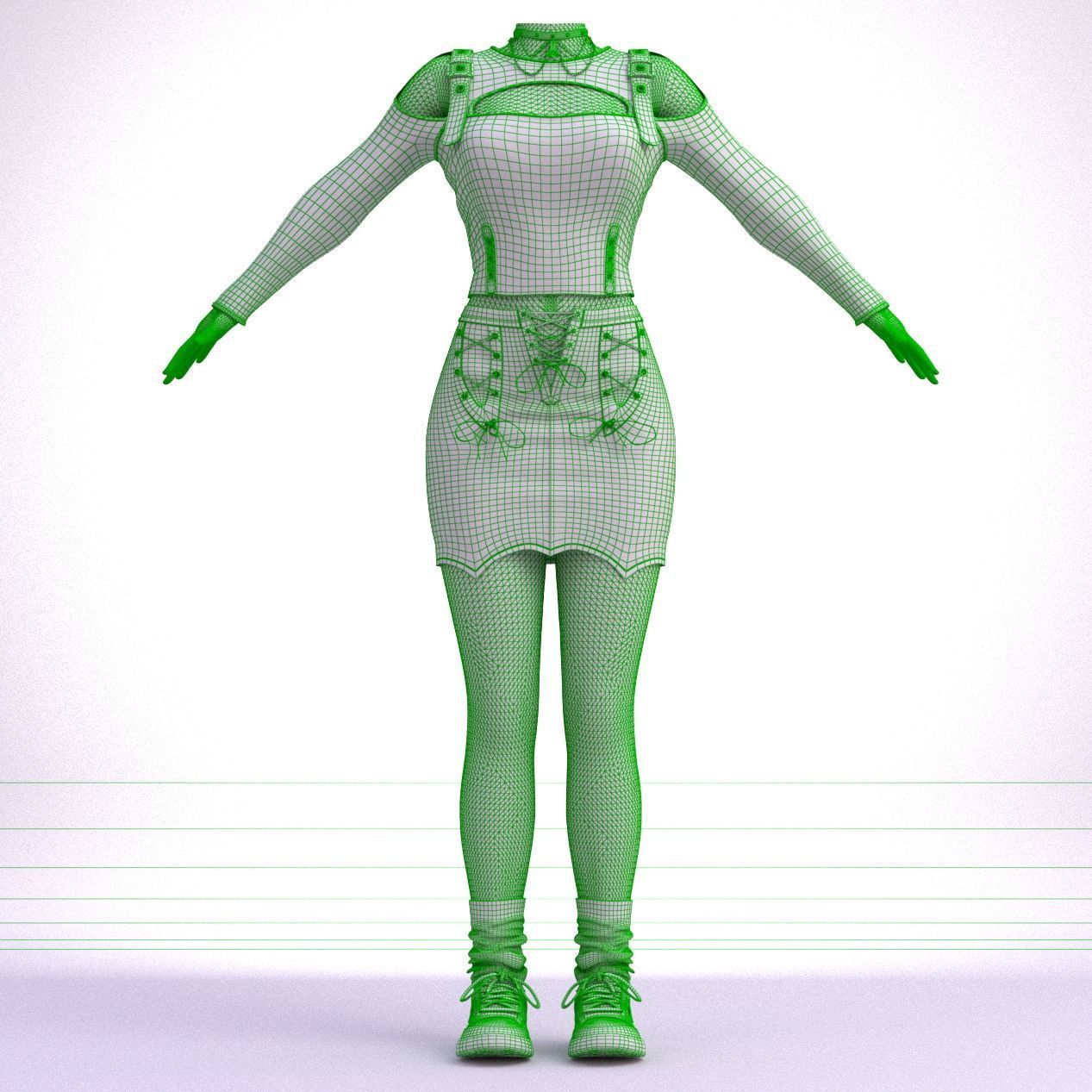 Gothic Punk Leather Outfit for Female Character 3D model_7