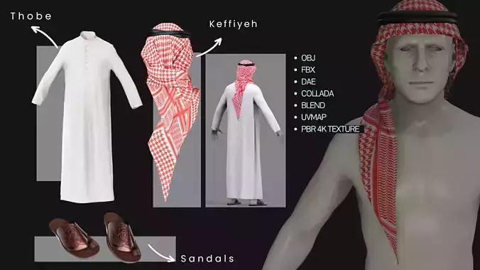 Traditional Arab Male Outfit  Thobe Ghutra-Keffiyeh Sandals 