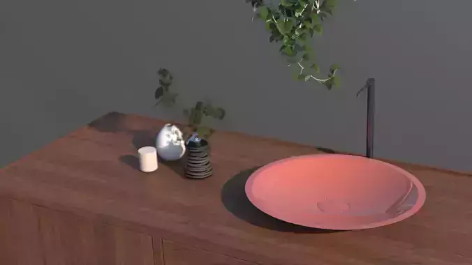 Pink Ceramic Bowl Sink with Wooden Counter and Faucet