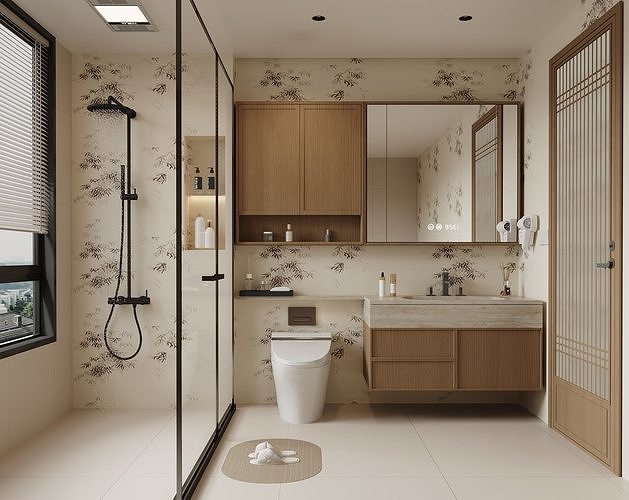 Modern Asian-Inspired Bathroom with Bamboo Wallpaper 532 3D model
