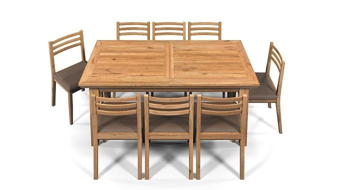 Country Dining Set Extendable Table with 8 Chairs Natural Oak 3D model 5