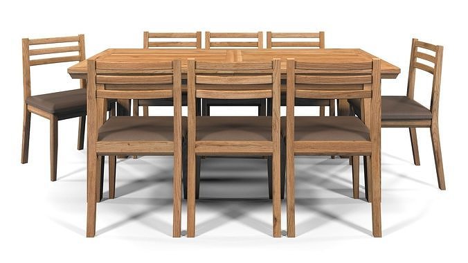 Country Dining Set Extendable Table with 8 Chairs Natural Oak 3D model 6