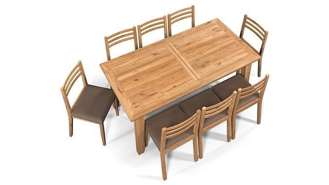 Country Dining Set Extendable Table with 8 Chairs Natural Oak 3D model 3