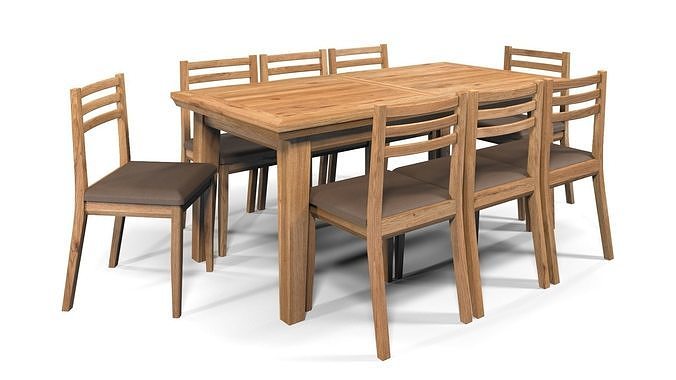 Country Dining Set Extendable Table with 8 Chairs Natural Oak 3D model 2