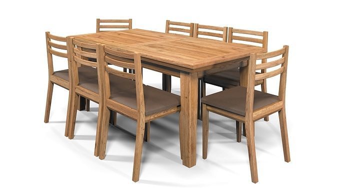 Country Dining Set Extendable Table with 8 Chairs Natural Oak 3D model 7