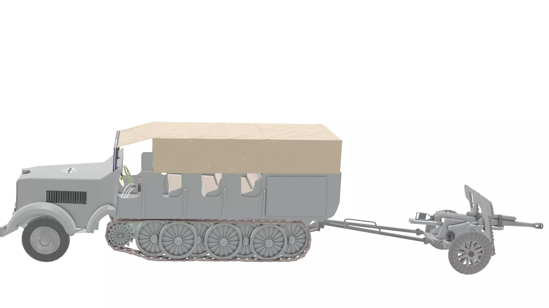 WW2 German Prime Mover Sdkfz 9 with Artillery in tow 3D model_0