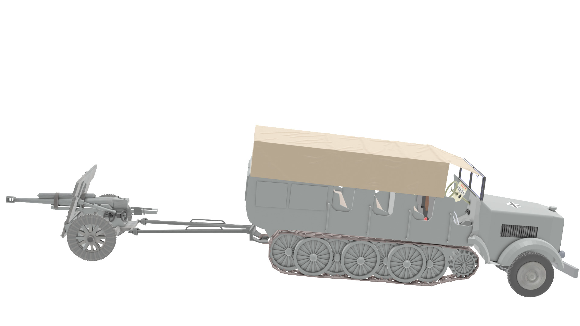 WW2 German Prime Mover Sdkfz 9 with Artillery in tow 3D model_1