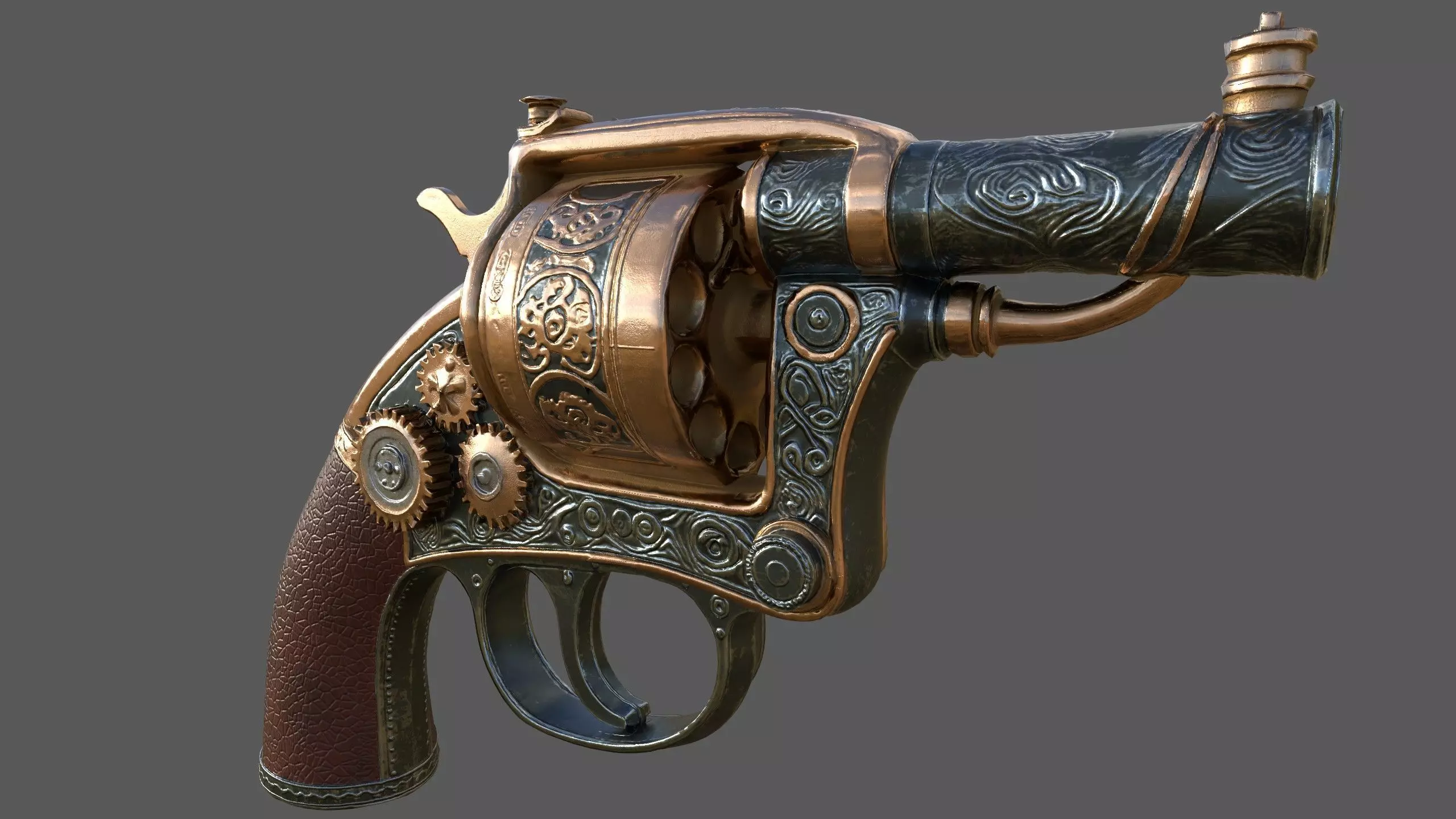 Steampunk Revolver 3D Model Game-Ready PBR High Detail Stylized Low-poly 3D model_0