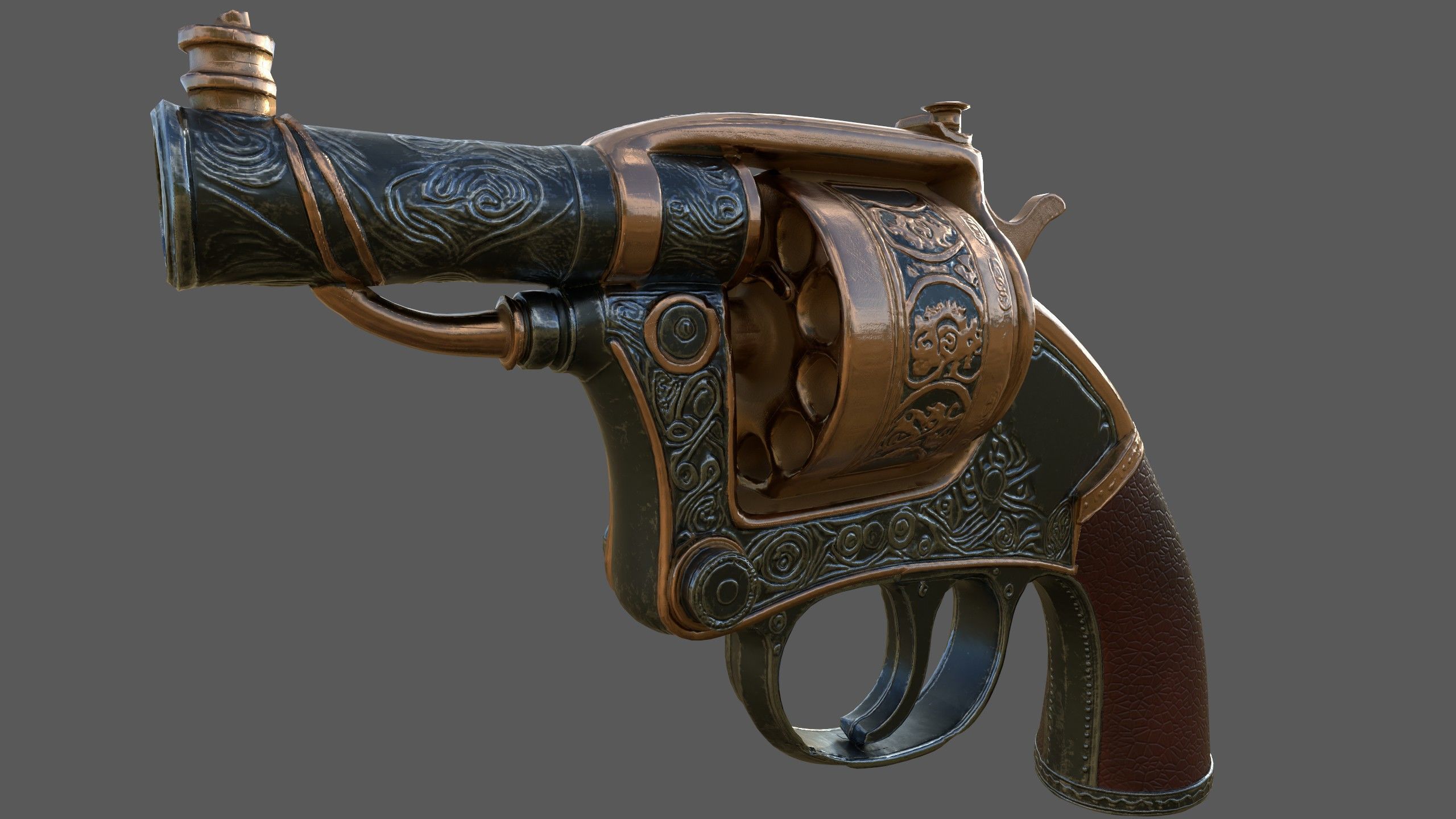 Steampunk Revolver 3D Model Game-Ready PBR High Detail Stylized Low-poly 3D model_5
