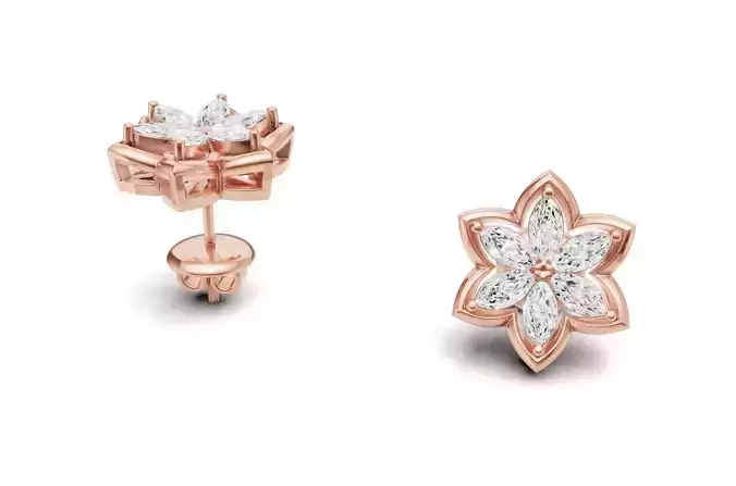 Marquise Diamond Flower Stud Earrings For Women 3D print model