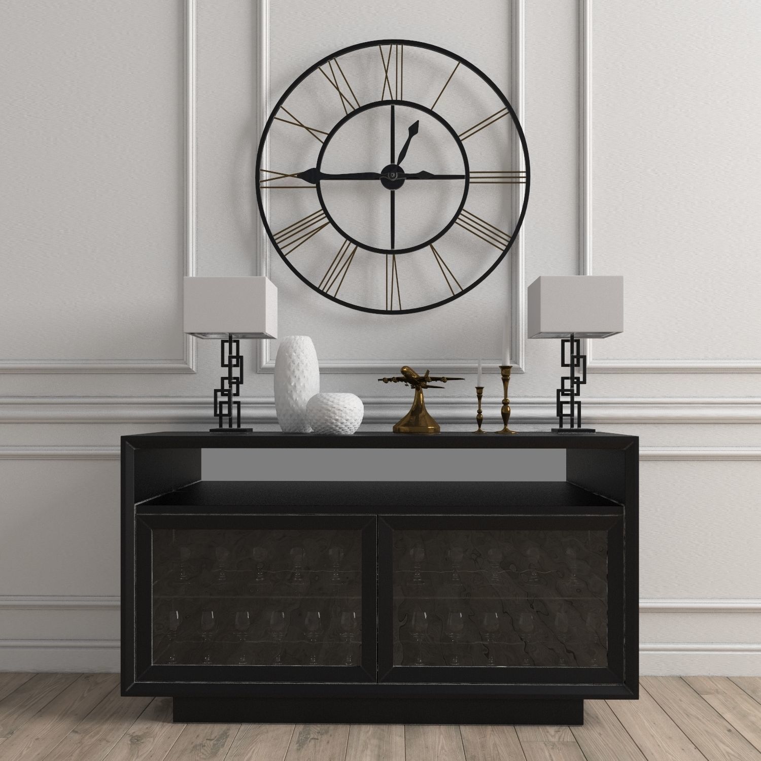 Chest of drawers with clock and decoration 3D model_1