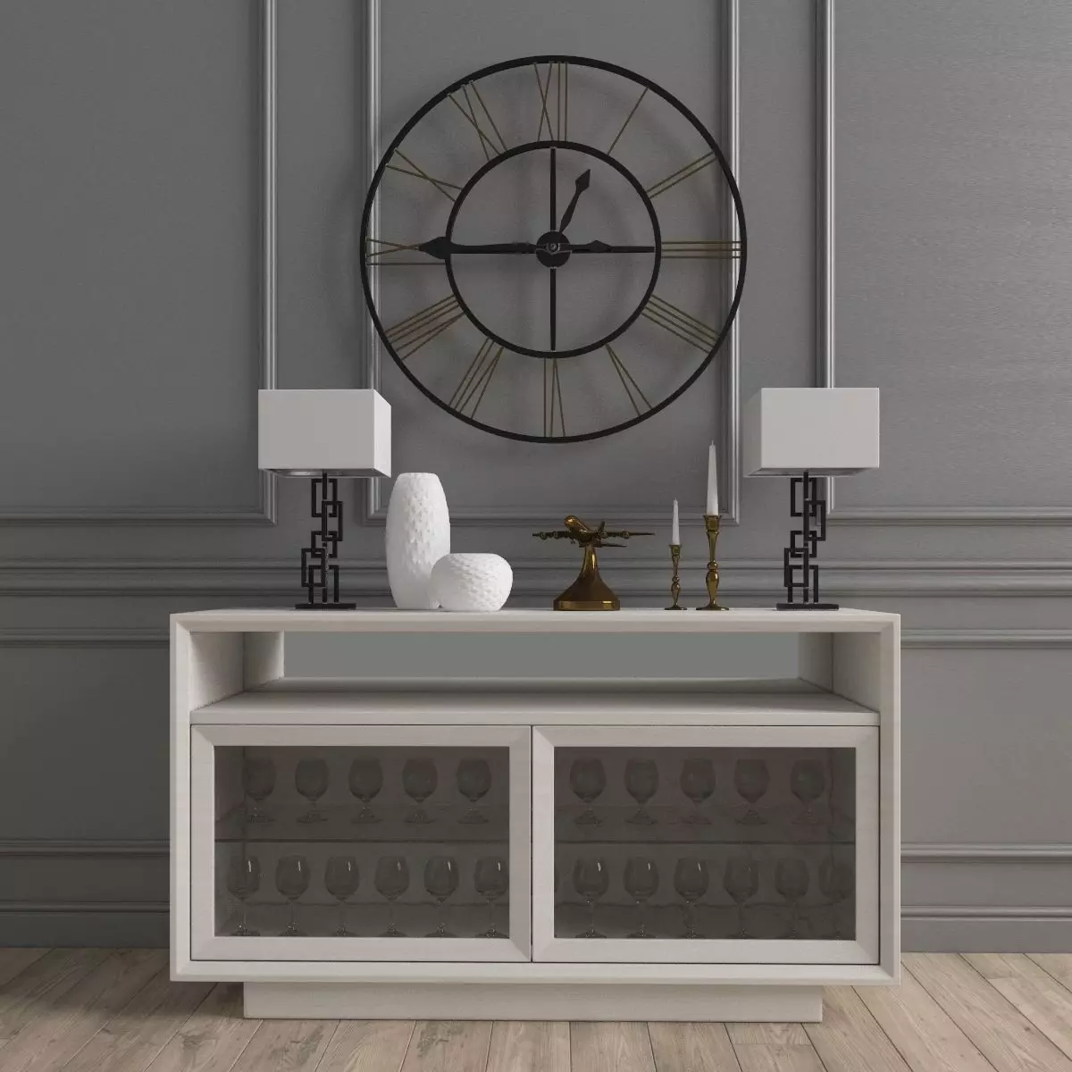 Chest of drawers with clock and decoration 3D model_0