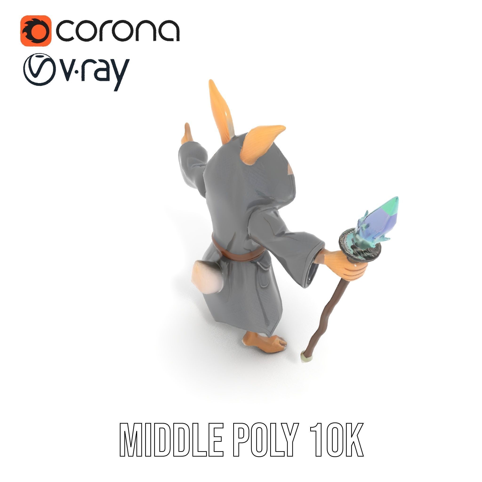 D Rigged and Animated Rabbit Wizard Character with Staff Low-poly 3D model_10