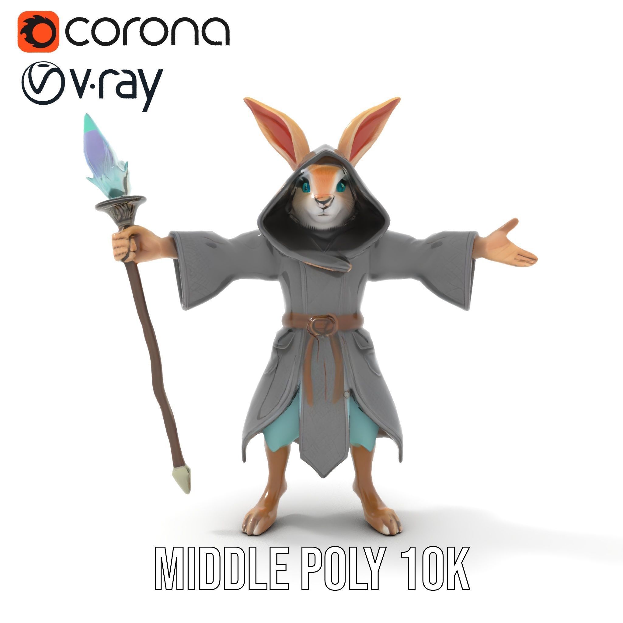 D Rigged and Animated Rabbit Wizard Character with Staff Low-poly 3D model_13