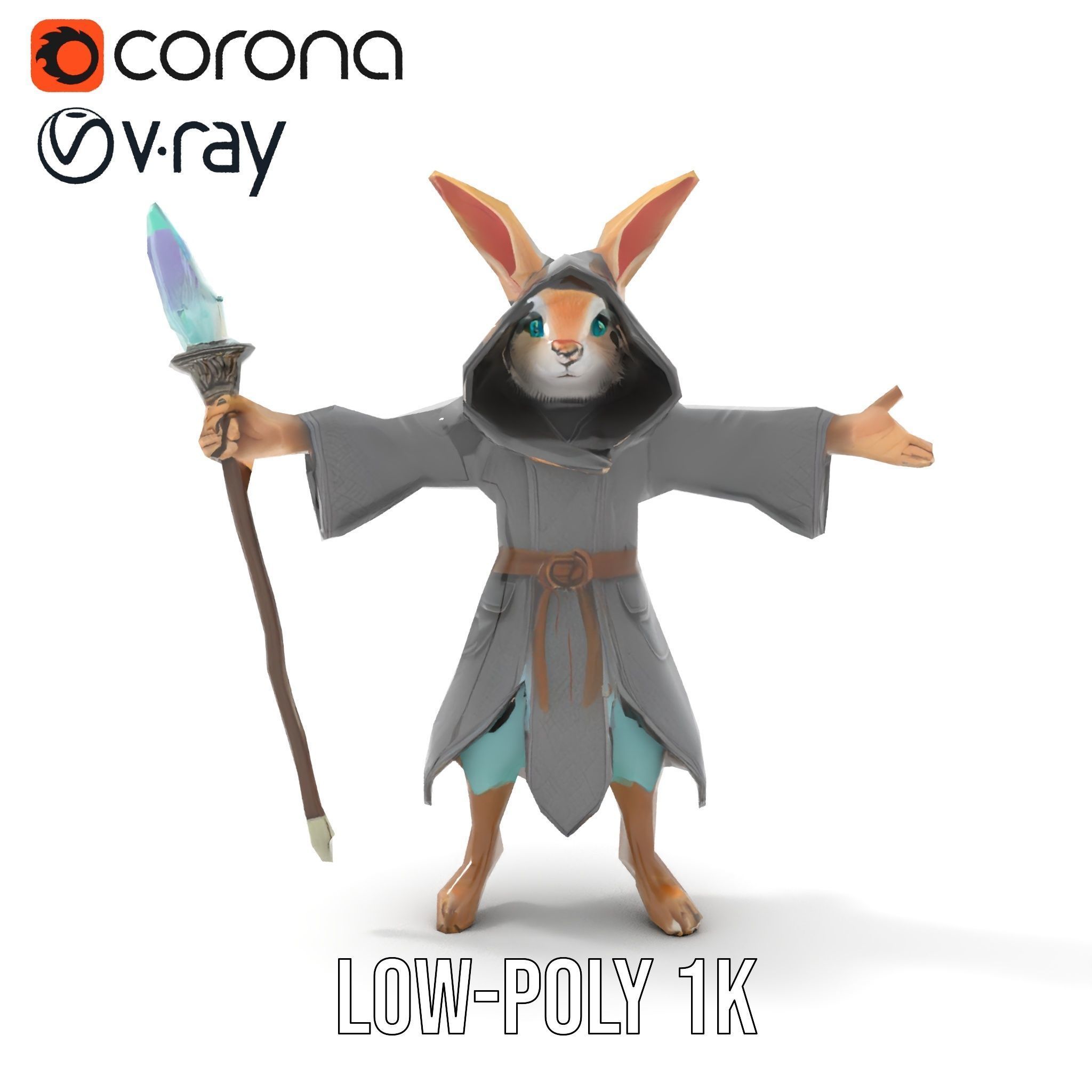 D Rigged and Animated Rabbit Wizard Character with Staff Low-poly 3D model_17