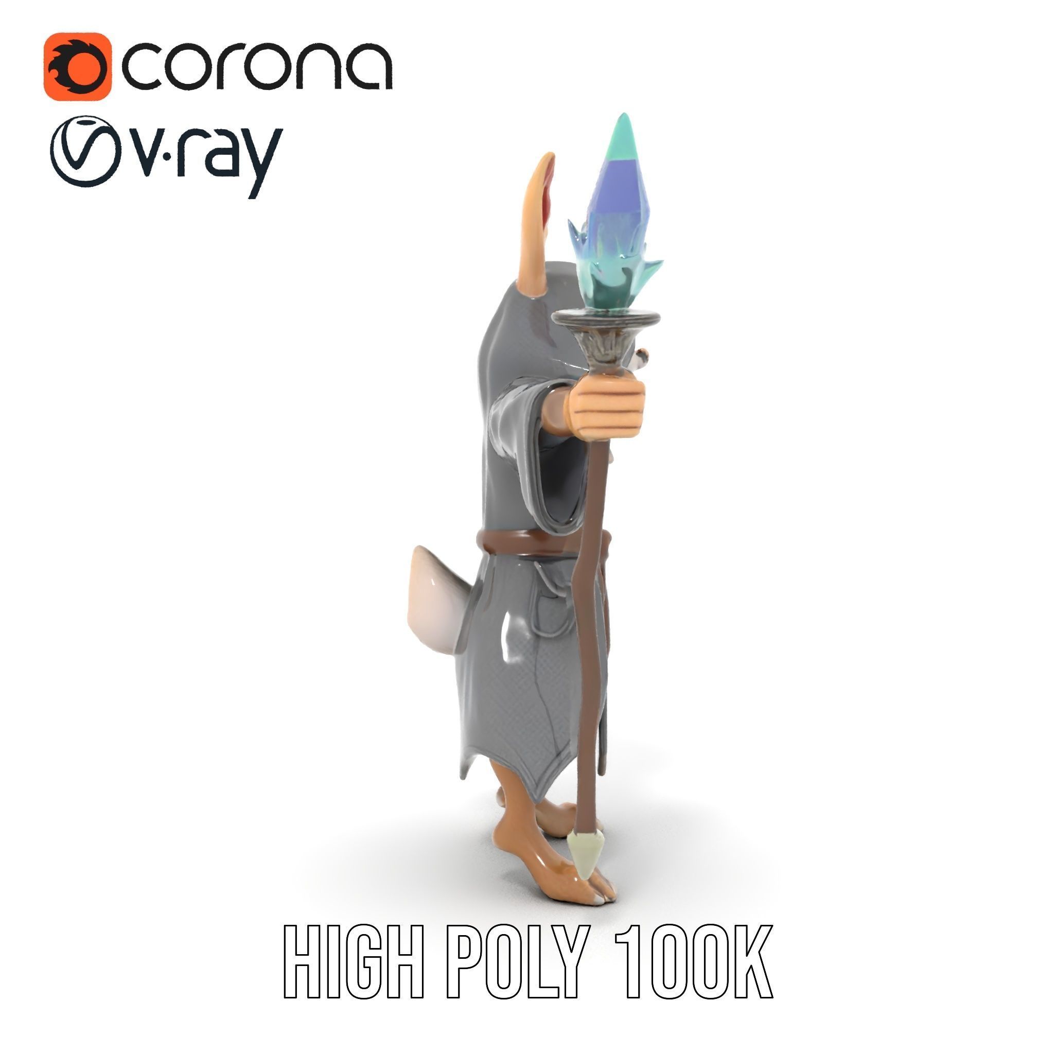 D Rigged and Animated Rabbit Wizard Character with Staff Low-poly 3D model_15