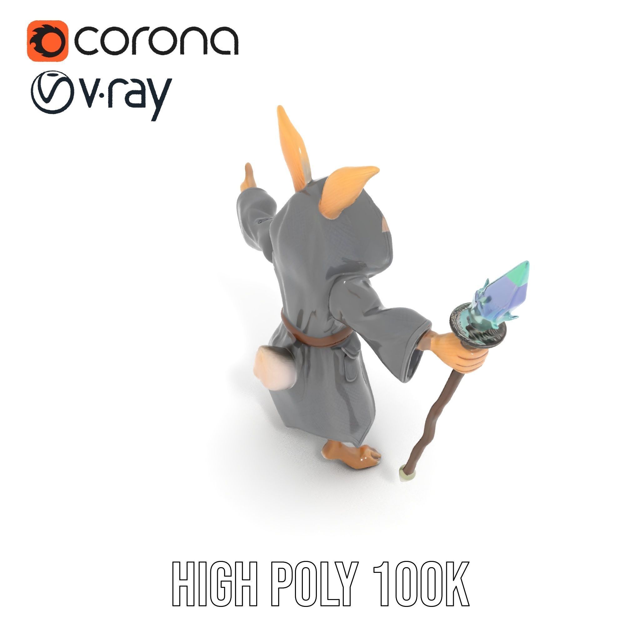 D Rigged and Animated Rabbit Wizard Character with Staff Low-poly 3D model_21