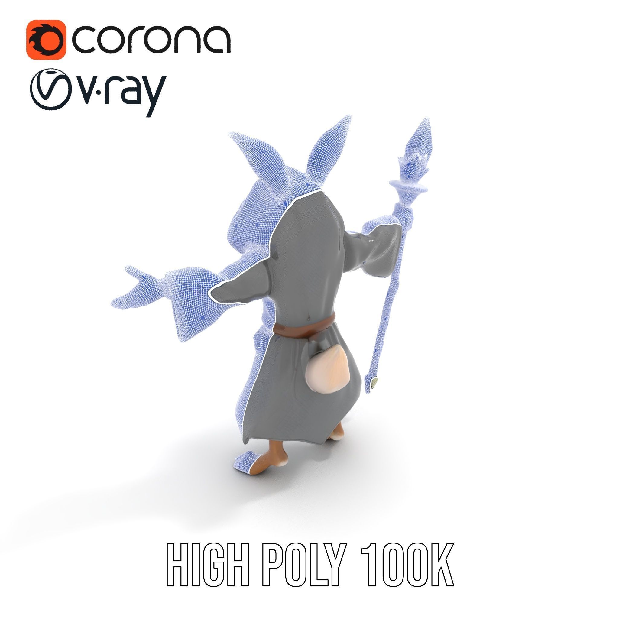 D Rigged and Animated Rabbit Wizard Character with Staff Low-poly 3D model_27